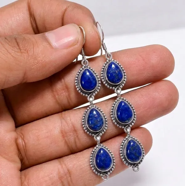 925_Sterling_Silver_Natural_Lapis_Lazuli_Dangle_Earrings_for_Women_–_Handmade_Blue_Gemstone_Triple_Drop_Earrings,_Vintage_Boho_Teardrop_Fish_Hook_Earrings