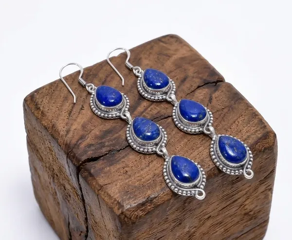 925_Sterling_Silver_Natural_Lapis_Lazuli_Dangle_Earrings_for_Women_–_Handmade_Blue_Gemstone_Triple_Drop_Earrings,_Vintage_Boho_Teardrop_Fish_Hook_Earrings