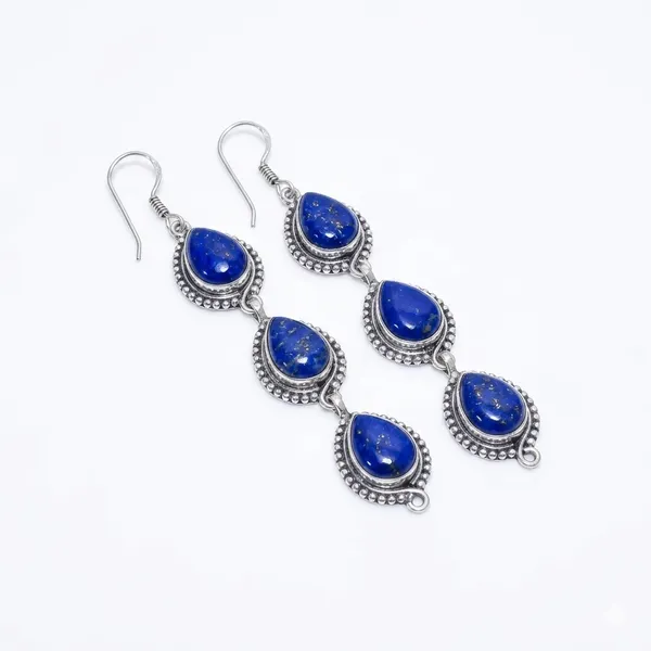 925_Sterling_Silver_Natural_Lapis_Lazuli_Dangle_Earrings_for_Women_–_Handmade_Blue_Gemstone_Triple_Drop_Earrings,_Vintage_Boho_Teardrop_Fish_Hook_Earrings