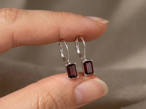 925_Sterling_Silver_Rentangular_Cut_Red_Garnet_Gemstone_Leverback_Drop_Earrings_for_Women,_Rectangular_Red_Stone_Dangle_Earrings,_Elegant_Fine_Jewelry