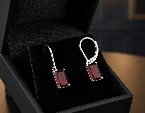 925_Sterling_Silver_Rentangular_Cut_Red_Garnet_Gemstone_Leverback_Drop_Earrings_for_Women,_Rectangular_Red_Stone_Dangle_Earrings,_Elegant_Fine_Jewelry