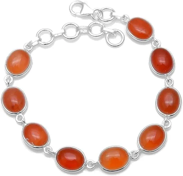 Natural_Carnelian_Gemstone_925_Sterling_Silver_Bracelet_for_Women,_Oval_Cabochon_Link_Bracelet,_Handmade_Fine_Jewelry,_Adjustable_Chain_Bracelet_Lobster_Clasp