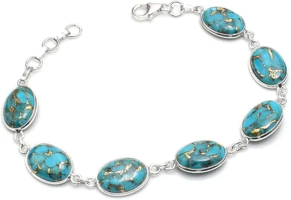 JUS_Copper_Turquoise_Gemstone_Link_Bracelet_for_Women_925_Sterling_Silver_Oval_Cabochon_Bracelet,_Handmade_Blue_Turquoise_Jewelry,_Adjustable_7_to_8_Inch,_Lobster_Clasp