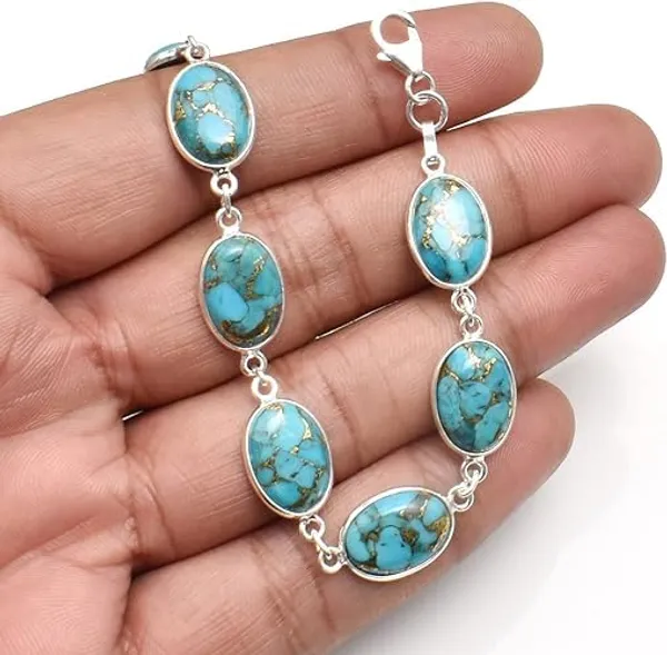 JUS_Copper_Turquoise_Gemstone_Link_Bracelet_for_Women_925_Sterling_Silver_Oval_Cabochon_Bracelet,_Handmade_Blue_Turquoise_Jewelry,_Adjustable_7_to_8_Inch,_Lobster_Clasp