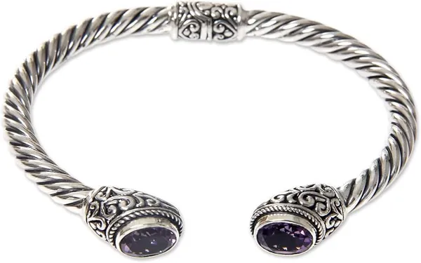 JUS_Amethyst_Gemstone_Bracelet_for_Women_&_Men_Natural_Purple_Amethyst_Oval_Stone_Twisted_Cuff_Bracelet_Handmade_Vintage_Style_Silver_Open_Bracelet_Jewelry