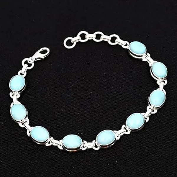 925_Sterling_Silver_Natural_Larimar_Gemstone_Bracelet_Oval_Cabochon_Link_Chain_Polished_Finish,_Lobster_Clasp_Handmade_Artisan_Jewelry