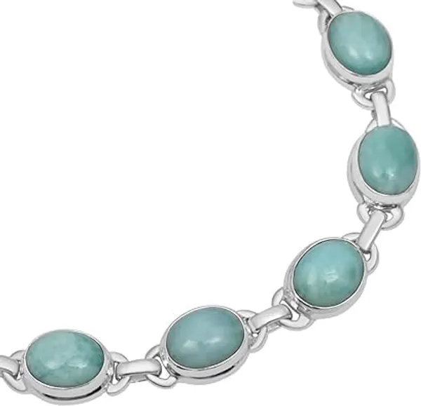 925_Sterling_Silver_Natural_Larimar_Gemstone_Bracelet_Oval_Cabochon_Link_Chain_Polished_Finish,_Lobster_Clasp_Handmade_Artisan_Jewelry