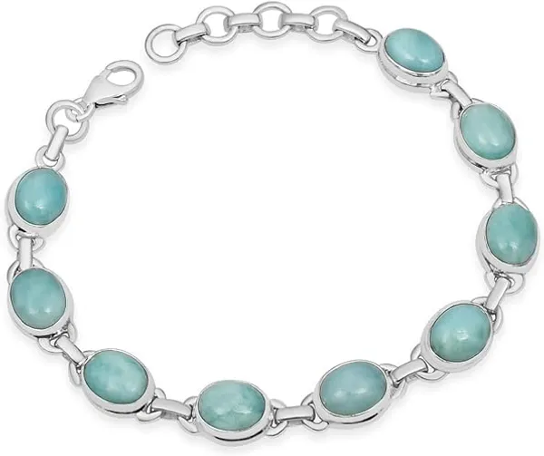 925_Sterling_Silver_Natural_Larimar_Gemstone_Bracelet_Oval_Cabochon_Link_Chain_Polished_Finish,_Lobster_Clasp_Handmade_Artisan_Jewelry