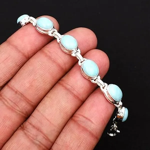 925_Sterling_Silver_Natural_Larimar_Gemstone_Bracelet_Oval_Cabochon_Link_Chain_Polished_Finish,_Lobster_Clasp_Handmade_Artisan_Jewelry