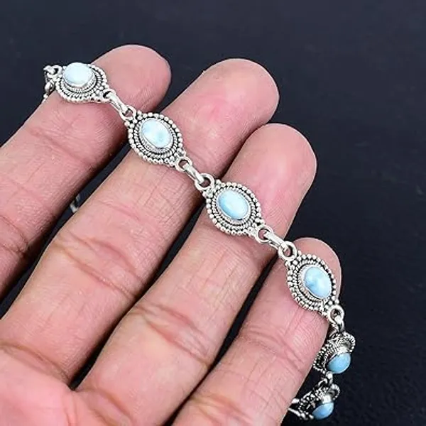 JUS_Larimar_Bracelet_925_Sterling_Silver_Natural_Larimar_Oval_Cabochon_Link_Bracelet_Handmade_Silver_Jewelry_with_Lobster_Clasp_Artisan_Blue_Stone_Bracelet