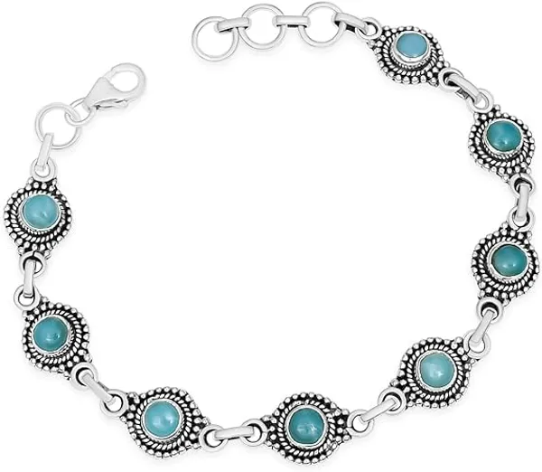 Larimar_Bracelet_for_Women_&_Men_Natural_Larimar_Round_Gemstone_Link_Bracelet_Handmade_Oxidized_Silver_Jewelry_with_Lobster_Clasp