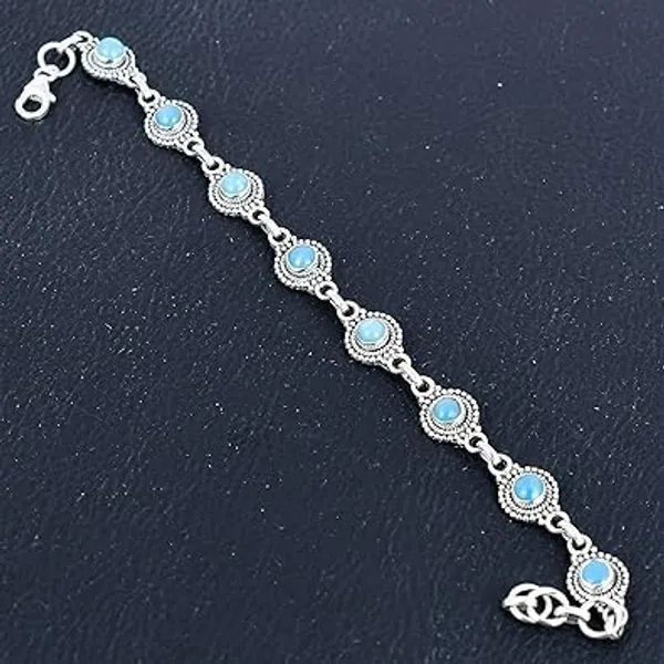 Larimar_Bracelet_for_Women_&_Men_Natural_Larimar_Round_Gemstone_Link_Bracelet_Handmade_Oxidized_Silver_Jewelry_with_Lobster_Clasp