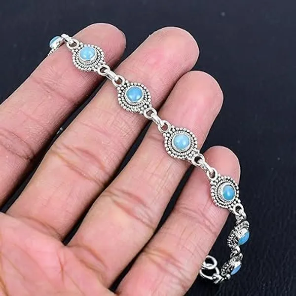 Larimar_Bracelet_for_Women_&_Men_Natural_Larimar_Round_Gemstone_Link_Bracelet_Handmade_Oxidized_Silver_Jewelry_with_Lobster_Clasp