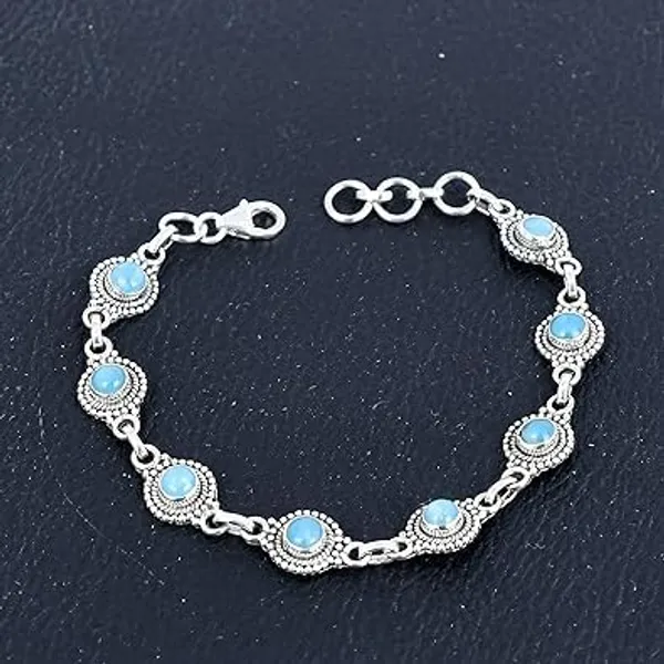 Larimar_Bracelet_for_Women_&_Men_Natural_Larimar_Round_Gemstone_Link_Bracelet_Handmade_Oxidized_Silver_Jewelry_with_Lobster_Clasp
