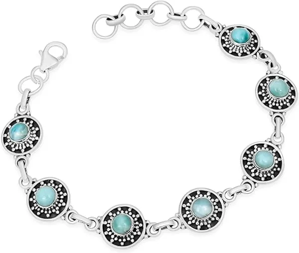 925_Sterling_Silver_Natural_Larimar_Bracelet_Handcrafted_Round_Bezel_Gemstone_Link_Chain_Premium_Polished_Silver_Jewelry