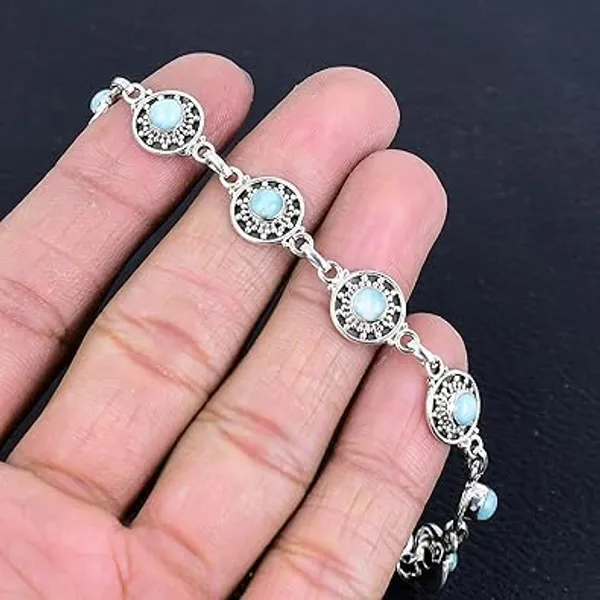 925_Sterling_Silver_Natural_Larimar_Bracelet_Handcrafted_Round_Bezel_Gemstone_Link_Chain_Premium_Polished_Silver_Jewelry