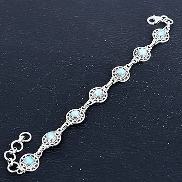 925_Sterling_Silver_Natural_Larimar_Bracelet_Handcrafted_Round_Bezel_Gemstone_Link_Chain_Premium_Polished_Silver_Jewelry