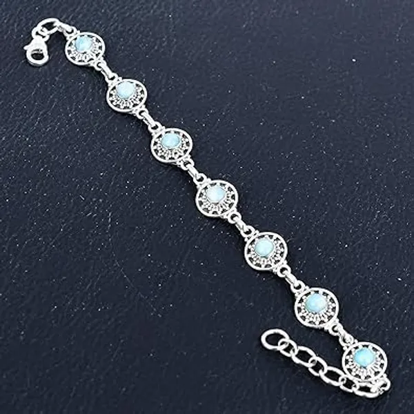 925_Sterling_Silver_Natural_Larimar_Bracelet_Handcrafted_Round_Bezel_Gemstone_Link_Chain_Premium_Polished_Silver_Jewelry