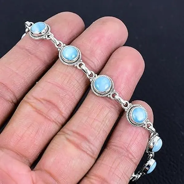 JEWEL_UP_BY_SARITA_925_Sterling_Silver_Natural_Larimar_Bracelet_Round_Cabochon_Link_Chain_Handcrafted_Artisan_Silver_Jewelry_Secure_Lobster_Clasp