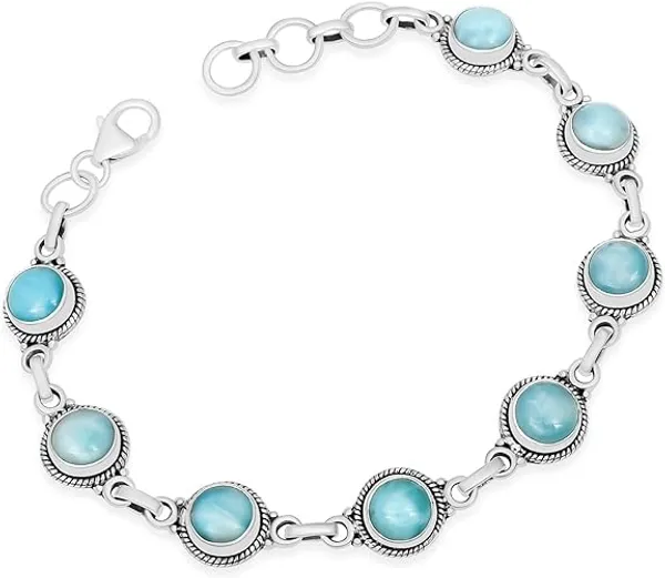 JEWEL_UP_BY_SARITA_925_Sterling_Silver_Natural_Larimar_Bracelet_Round_Cabochon_Link_Chain_Handcrafted_Artisan_Silver_Jewelry_Secure_Lobster_Clasp