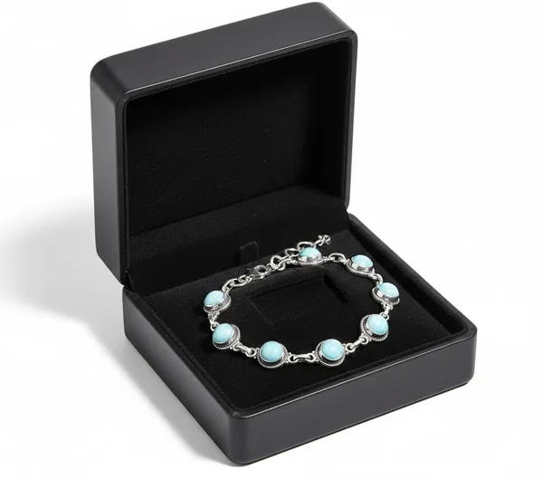JEWEL_UP_BY_SARITA_925_Sterling_Silver_Natural_Larimar_Bracelet_Round_Cabochon_Link_Chain_Handcrafted_Artisan_Silver_Jewelry_Secure_Lobster_Clasp