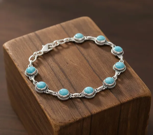 JEWEL_UP_BY_SARITA_925_Sterling_Silver_Natural_Larimar_Bracelet_Round_Cabochon_Link_Chain_Handcrafted_Artisan_Silver_Jewelry_Secure_Lobster_Clasp