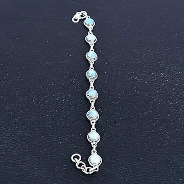 JEWEL_UP_BY_SARITA_925_Sterling_Silver_Natural_Larimar_Bracelet_Round_Cabochon_Link_Chain_Handcrafted_Artisan_Silver_Jewelry_Secure_Lobster_Clasp
