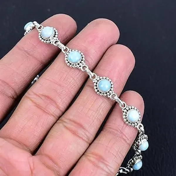 JUS_925_Sterling_Silver_Natural_Larimar_Gemstone_Bracelet_Handmade_Round_Bezel_Link_Chain_Secure_Lobster_Clasp