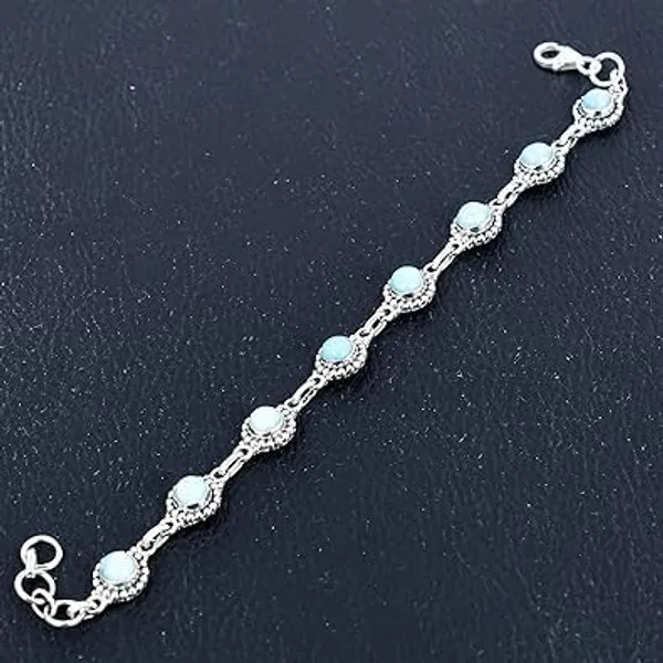 JUS_925_Sterling_Silver_Natural_Larimar_Gemstone_Bracelet_Handmade_Round_Bezel_Link_Chain_Secure_Lobster_Clasp