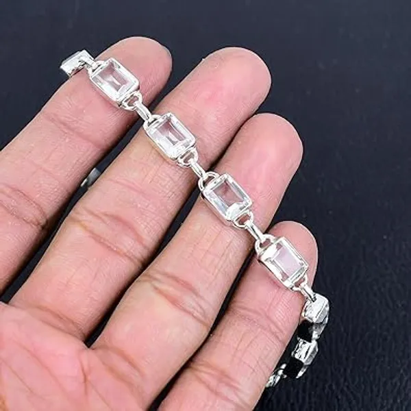 JEWEL_UP_BY_SARITA_925_Sterling_Silver_White_Topaz_Tennis_Bracelet_Rectangular_Cut_Gemstones_Secure_Lobster_Clasp_High-Polish_Finish