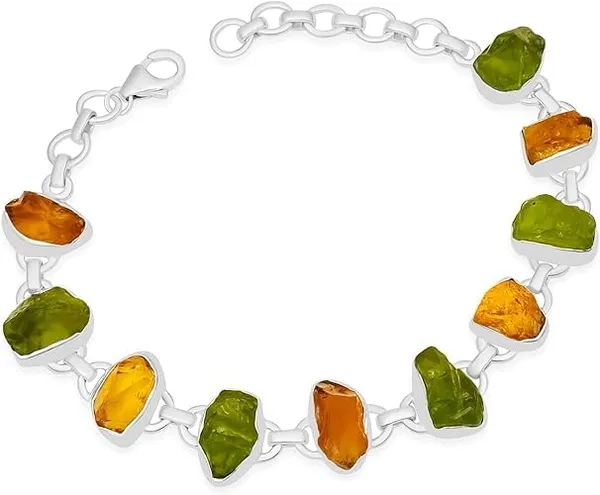 JEWEL_UP_BY_SARITA_925_Sterling_Silver_Peridot_&_Citrine_Gemstone_Bracelet_Natural_Rough_Stone_Link_Bracelet_with_Lobster_Clasp_Multicolor_Silver_Jewelry