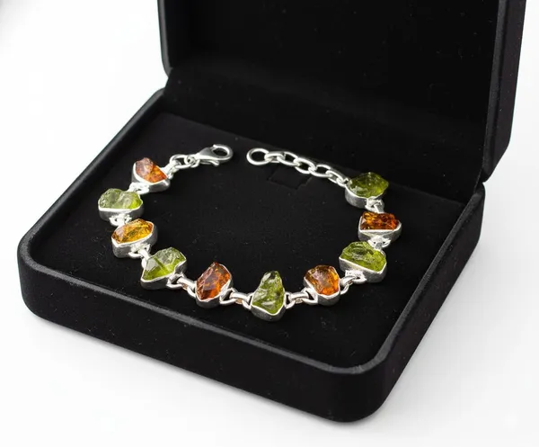JEWEL_UP_BY_SARITA_925_Sterling_Silver_Peridot_&_Citrine_Gemstone_Bracelet_Natural_Rough_Stone_Link_Bracelet_with_Lobster_Clasp_Multicolor_Silver_Jewelry