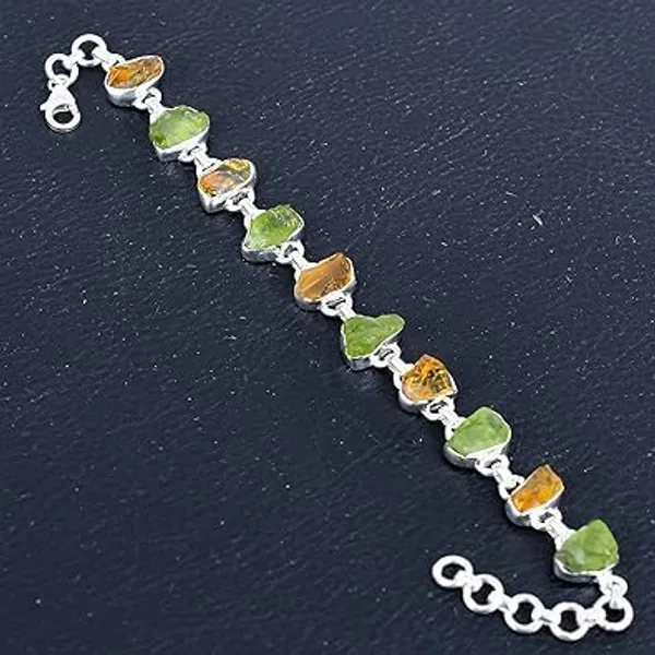 JEWEL_UP_BY_SARITA_925_Sterling_Silver_Peridot_&_Citrine_Gemstone_Bracelet_Natural_Rough_Stone_Link_Bracelet_with_Lobster_Clasp_Multicolor_Silver_Jewelry