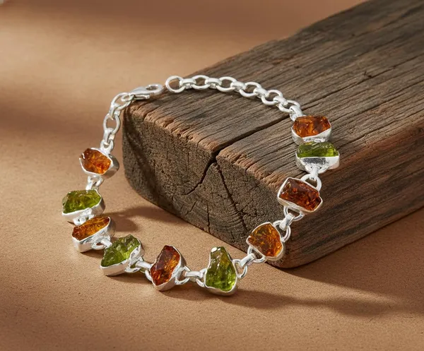 JEWEL_UP_BY_SARITA_925_Sterling_Silver_Peridot_&_Citrine_Gemstone_Bracelet_Natural_Rough_Stone_Link_Bracelet_with_Lobster_Clasp_Multicolor_Silver_Jewelry