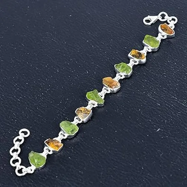 JEWEL_UP_BY_SARITA_925_Sterling_Silver_Peridot_&_Citrine_Gemstone_Bracelet_Natural_Rough_Stone_Link_Bracelet_with_Lobster_Clasp_Multicolor_Silver_Jewelry