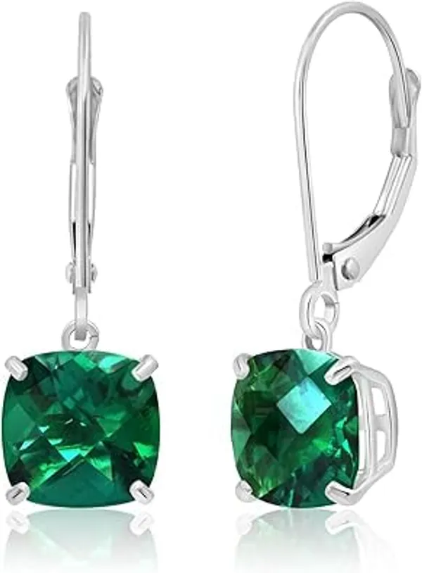JUS_Created_Emerald_Cushion_Cut_Drop_Earrings_for_Women,_Green_Emerald_Gemstone_Leverback_Dangle_Earrings_Elegant_Sterling_Silver_Style_Jewelry,_May_Birthstone_Earrings,_Classic_Everyday_&_Party_Jewelry