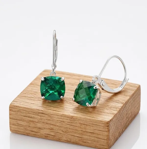 JUS_Created_Emerald_Cushion_Cut_Drop_Earrings_for_Women,_Green_Emerald_Gemstone_Leverback_Dangle_Earrings_Elegant_Sterling_Silver_Style_Jewelry,_May_Birthstone_Earrings,_Classic_Everyday_&_Party_Jewelry