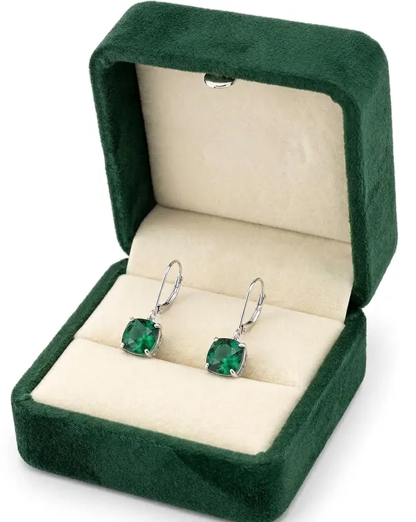 JUS_Created_Emerald_Cushion_Cut_Drop_Earrings_for_Women,_Green_Emerald_Gemstone_Leverback_Dangle_Earrings_Elegant_Sterling_Silver_Style_Jewelry,_May_Birthstone_Earrings,_Classic_Everyday_&_Party_Jewelry