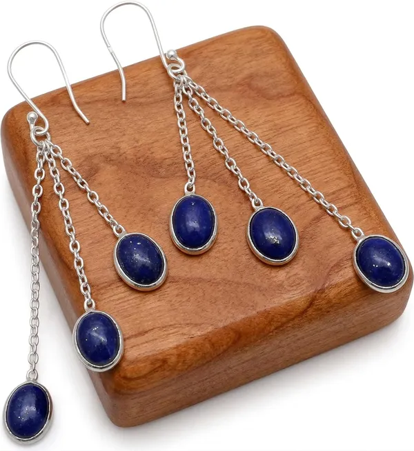 JUS_925_Sterling_Silver_Lapis_Lazuli_Dangle_Earrings_for_Women_Natural_Blue_Gemstone_Triple_Chain_Drop_Earrings,_Handmade_Oval_Cabochon_Long_Statement_Earrings