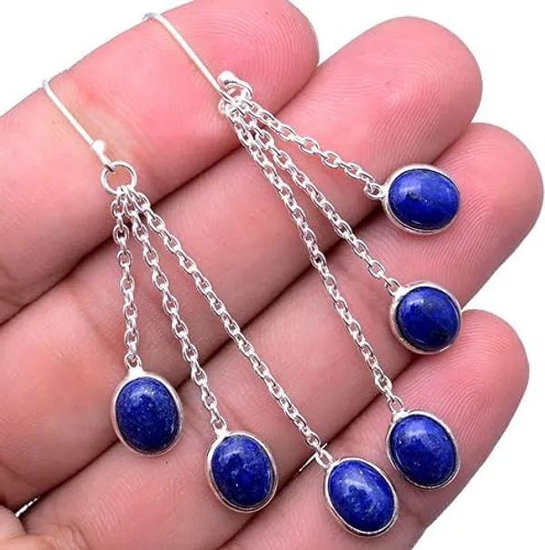 JUS_925_Sterling_Silver_Lapis_Lazuli_Dangle_Earrings_for_Women_Natural_Blue_Gemstone_Triple_Chain_Drop_Earrings,_Handmade_Oval_Cabochon_Long_Statement_Earrings