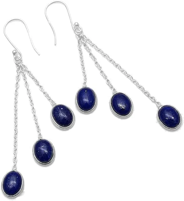 JUS_925_Sterling_Silver_Lapis_Lazuli_Dangle_Earrings_for_Women_Natural_Blue_Gemstone_Triple_Chain_Drop_Earrings,_Handmade_Oval_Cabochon_Long_Statement_Earrings