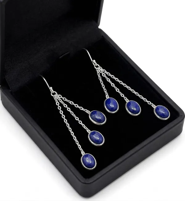 JUS_925_Sterling_Silver_Lapis_Lazuli_Dangle_Earrings_for_Women_Natural_Blue_Gemstone_Triple_Chain_Drop_Earrings,_Handmade_Oval_Cabochon_Long_Statement_Earrings