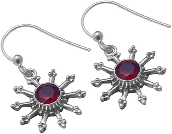 JUS_925_Sterling_Silver_Garnet_Sunburst_Drop_Earrings_for_Women_Handmade_Natural_Red_Garnet_Dangle_Earrings_with_French_Hook_Boho_Vintage_Statement_Jewelry