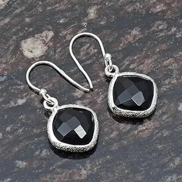 JUS_925_Sterling_Silver_Gemstone_Dangle_Drop_Earrings_for_Women_Black_Onyx_French_Wire_Handmade_Vintage_Boho_Earrings_Faceted_Cushion_Cut_Wedding_Engagement_Anniversary_Birthday_Jewelry
