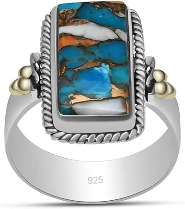 JEWEL_UP_BY_SARITA_Turquoise_Statement_Ring_925_Sterling_Silver_with_Gold_Accents_Rectangular_Natural_Turquoise_Inlay_Rope_Border_Designer_Ring_Handmade_Artisan_Jewelry