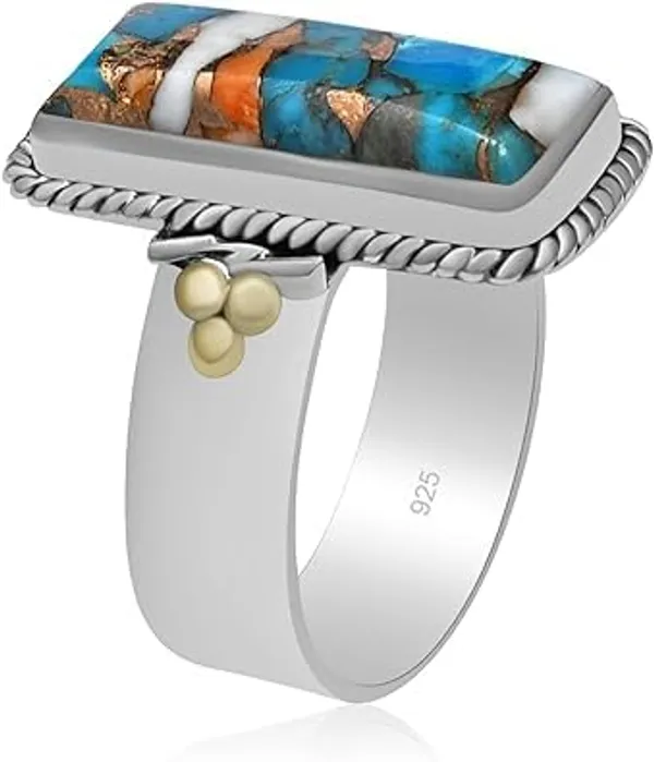 JEWEL_UP_BY_SARITA_Turquoise_Statement_Ring_925_Sterling_Silver_with_Gold_Accents_Rectangular_Natural_Turquoise_Inlay_Rope_Border_Designer_Ring_Handmade_Artisan_Jewelry