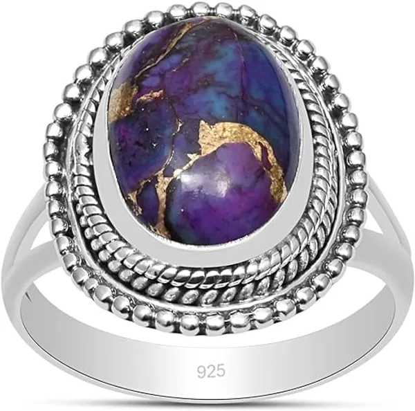 JEWEL_UP_BY_SARITA_Natural_Purple_Turquoise_Gemstone_Ring_for_Women_Solid_925_Sterling_Silver_Beaded_Statement_Wedding_Ring_Handmade_Oval_Cabochon_Boho_Vintage_Style_Jewelry