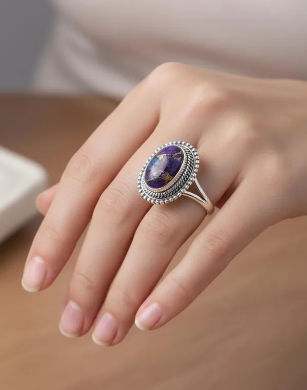 JEWEL_UP_BY_SARITA_Natural_Purple_Turquoise_Gemstone_Ring_for_Women_Solid_925_Sterling_Silver_Beaded_Statement_Wedding_Ring_Handmade_Oval_Cabochon_Boho_Vintage_Style_Jewelry