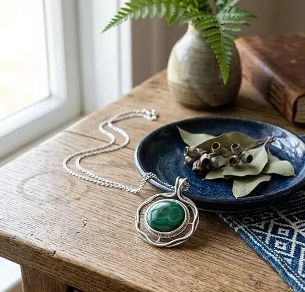 JUS_Malachite_Pendant_Necklace_for_Women_925_Sterling_Silver_Natural_Gemstone_Jewelry_Chain_Round_Statement_Pendant_Handmade_Vintage_Style_Gift_for_Her
