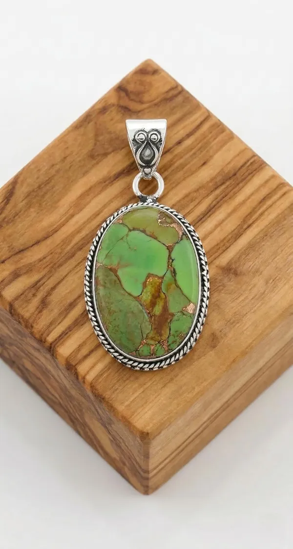 JUS_Green_Turquoise_Pendant_in_925_Sterling_Silver_Natural_Oval_Green_Turquoise_Statement_Pendant_with_Copper_Matrix,_Handmade_Boho_Gemstone_Jewelry